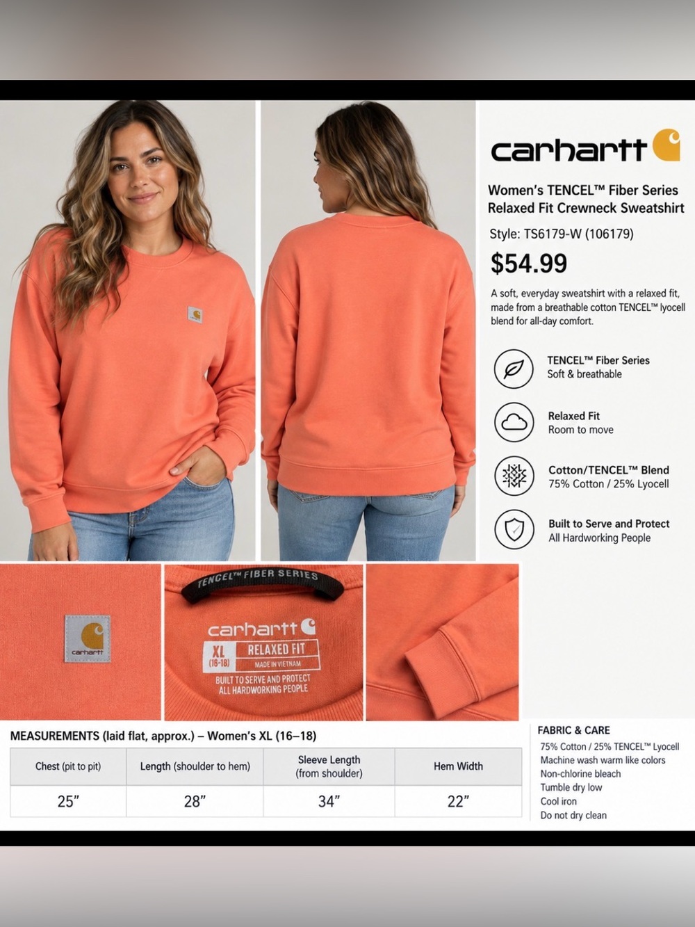 Carhartt Women’s Relaxed Crewneck Sweatshirt — Coral Orange, Size XL